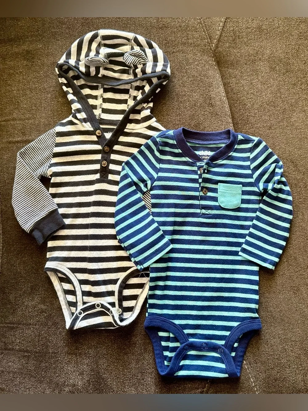 Striped Hooded and Henley Baby One-Piece Set - Navy & Gray
